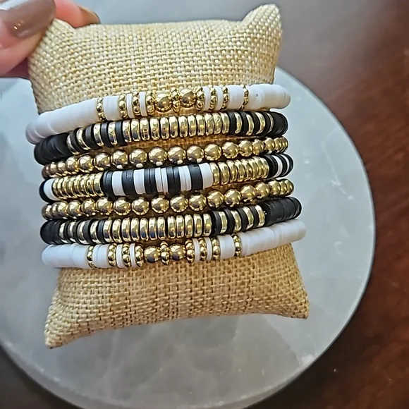 Trendy stackable black, white, & gold elastic bracelets with gift bag - Picture 3 of 6